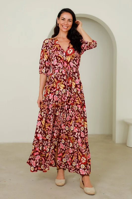 Avamia Mirah V-Neck Maxi Dress Maroon Print