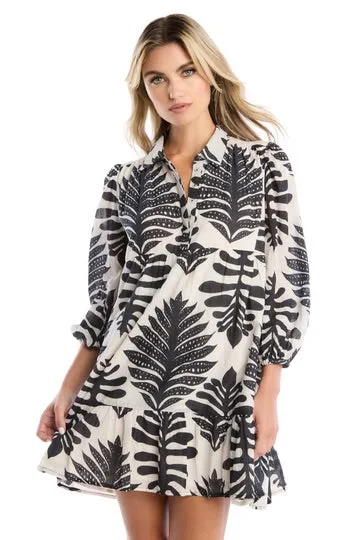 Black and White Palm Print Drop Waist Dress