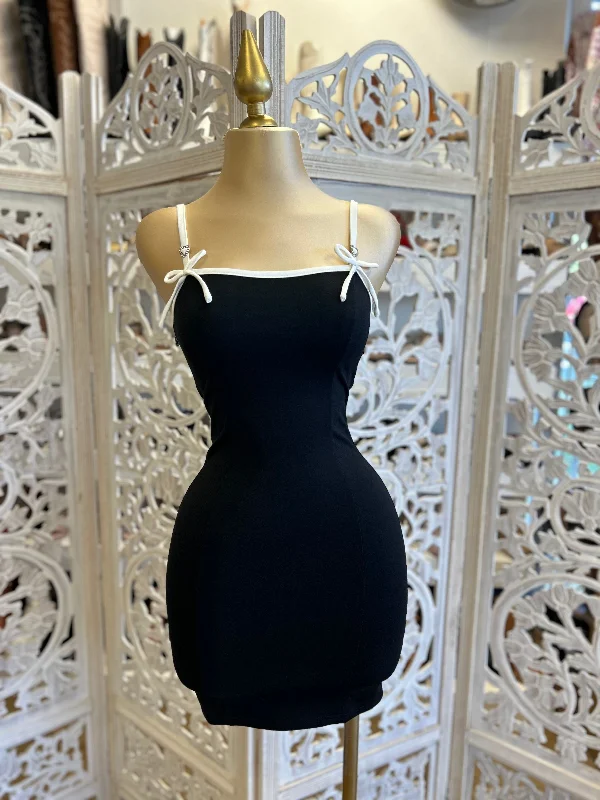 Black Ribbon Strap Bodycon Dress- Stretchy