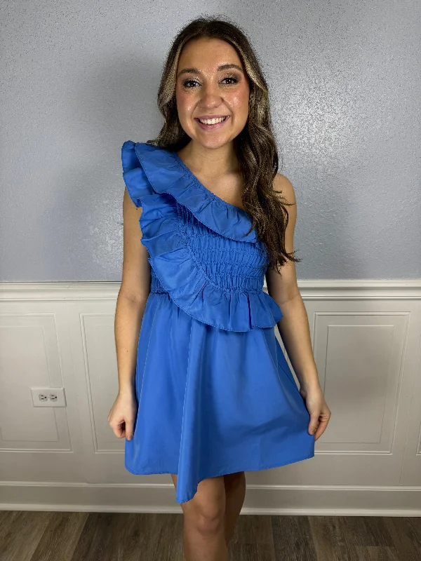 Blue smocked one shoulder dress