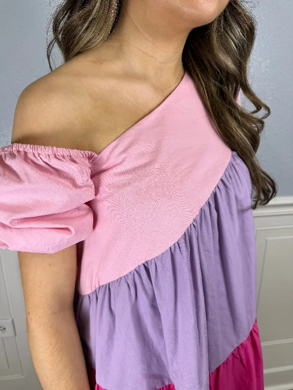 Pink multi asymmetrical neck line dress