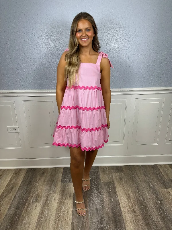 Pink tiered lettuce trim dress