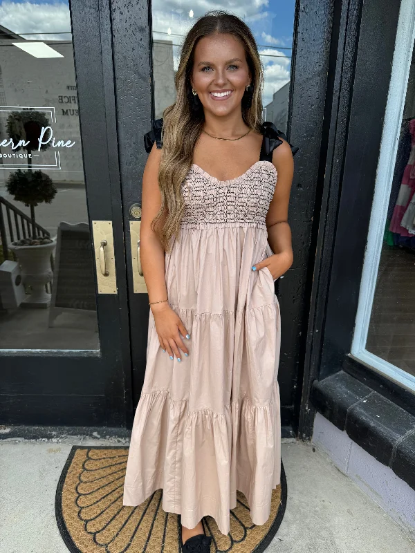 Taupe & black tiered maxi dress