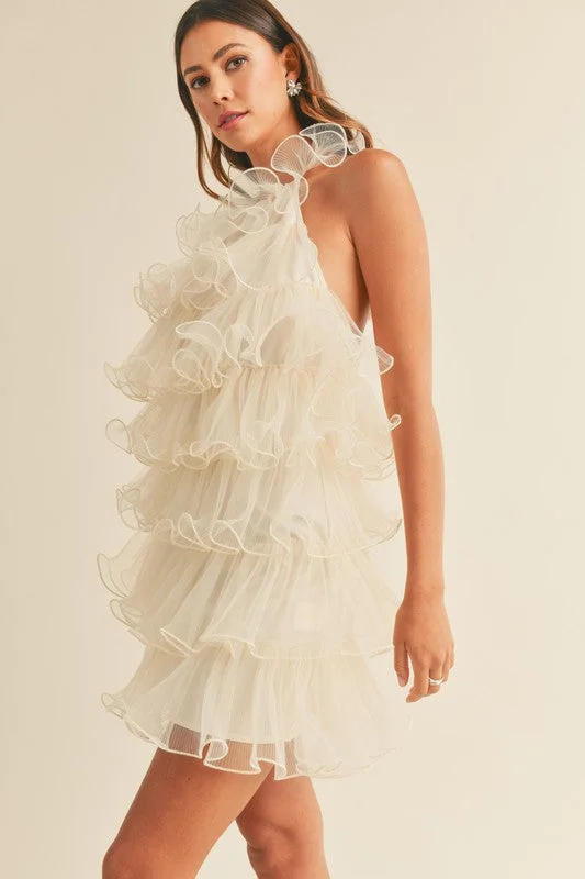 Cream Tiered Ruffle Halter Dress