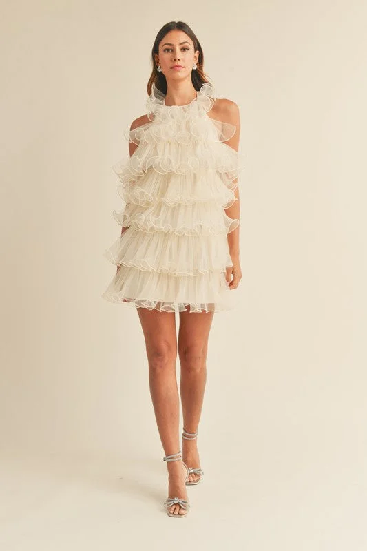 Cream Tiered Ruffle Halter Dress