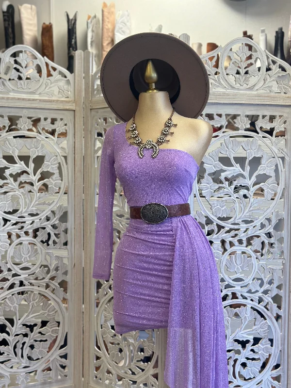 Glitter Purple Off Shoulder Tailed Dress- Stretchy