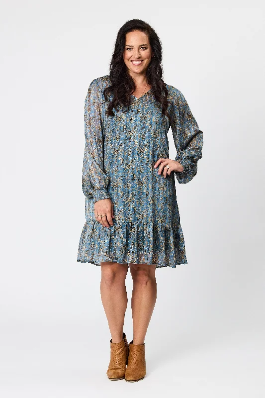 Gloss by Shine On Laura Hem Tier Dress Blue Paisley