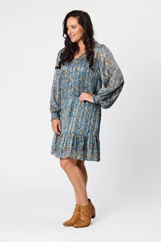 Gloss by Shine On Laura Hem Tier Dress Blue Paisley