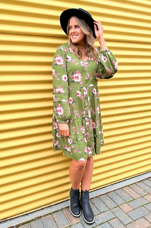 Gloss By Shine On Lizzie Tiered Dress Olive Floral