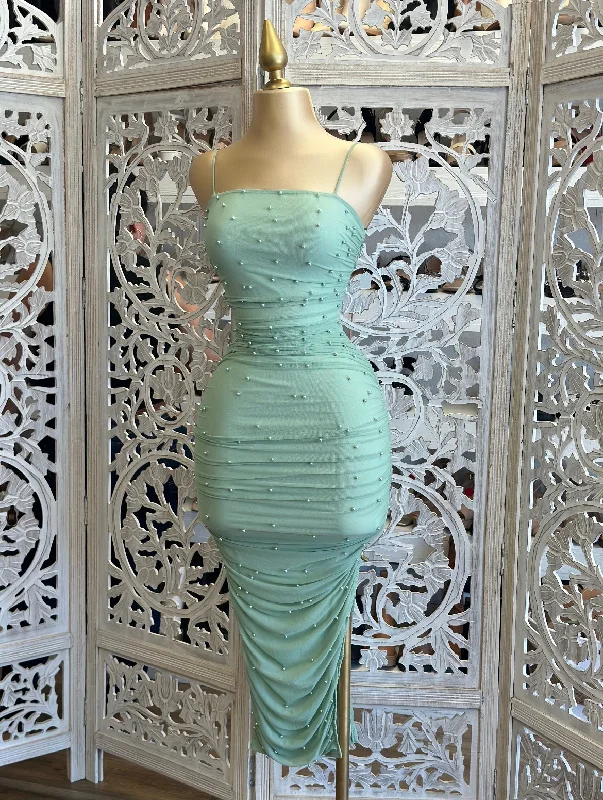 Green Pearl Detail Dress- Stretchy, Estira