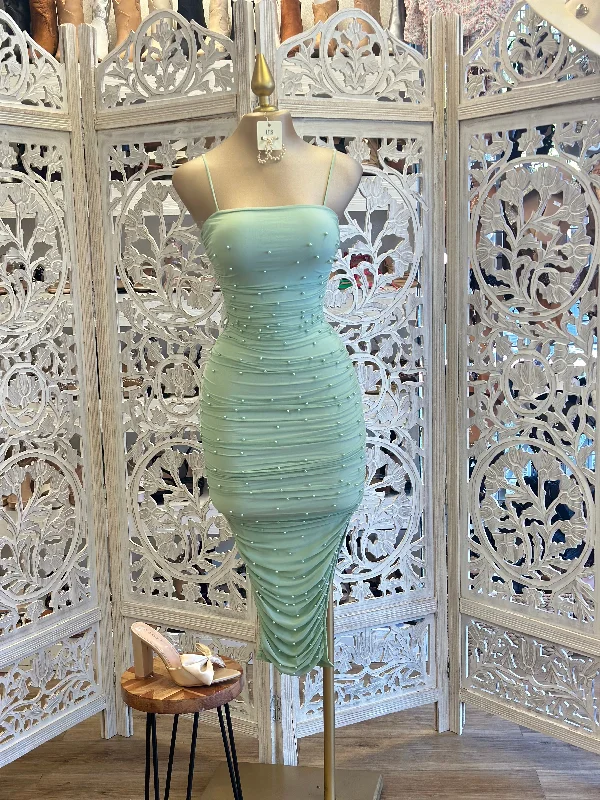 Green Pearl Detail Dress- Stretchy, Estira