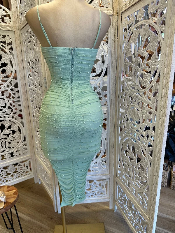 Green Pearl Detail Dress- Stretchy, Estira