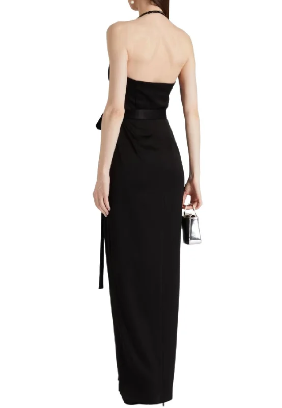 Black Celia Pleated Satin Halter-neck Gown