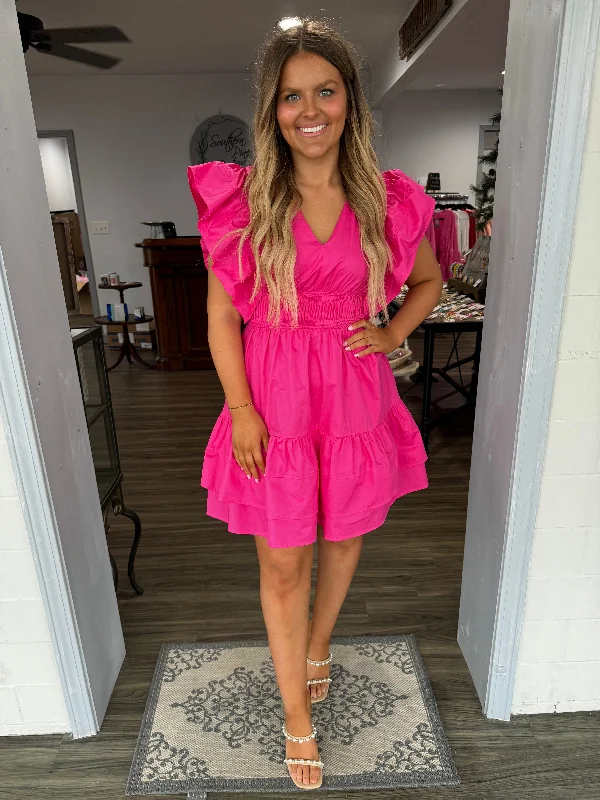 Hot pink flutter sleeve dress