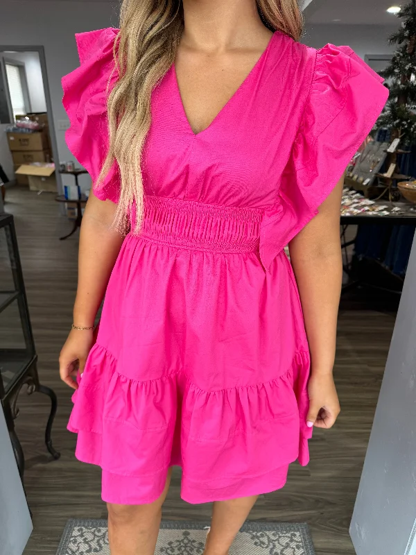 Hot pink flutter sleeve dress