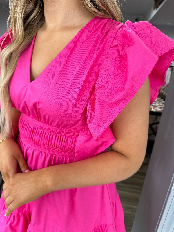 Hot pink flutter sleeve dress