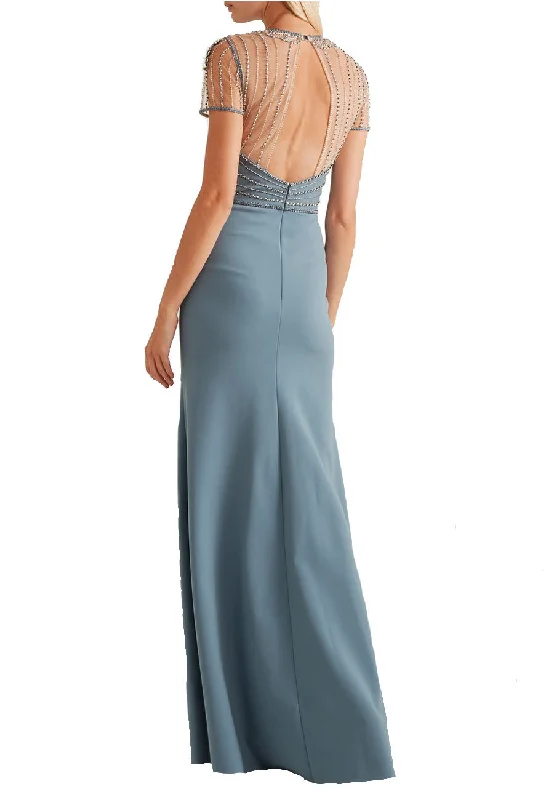 Blue Embellished Crepe Tulle Lace Open Back Gown