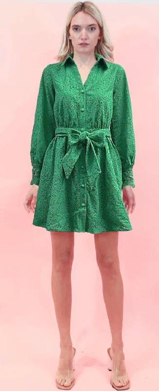 Kelly Green Long Sleeve Eyelet Dress