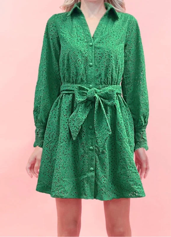 Kelly Green Long Sleeve Eyelet Dress