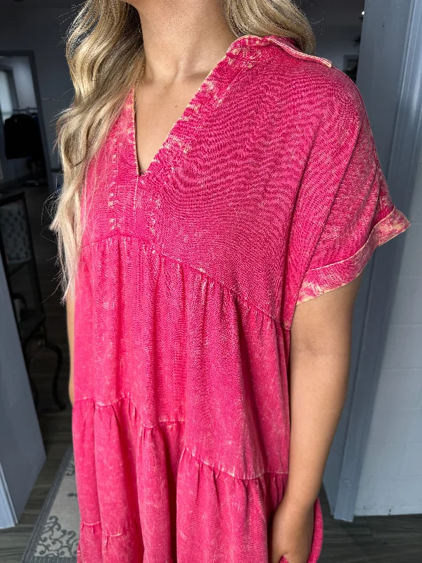 Magenta  mineral wash tiered dress