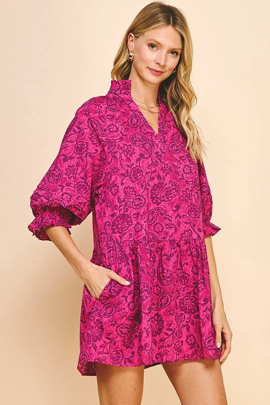 Magenta Paisley Print Drop Waist Dress