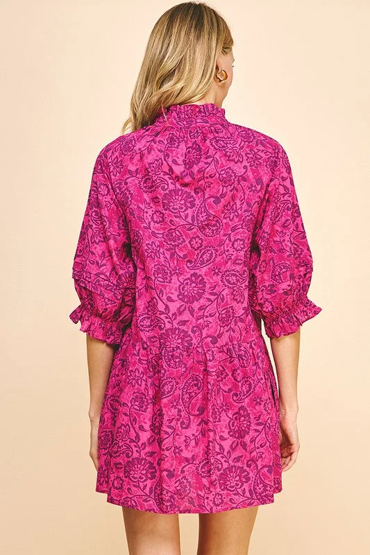 Magenta Paisley Print Drop Waist Dress