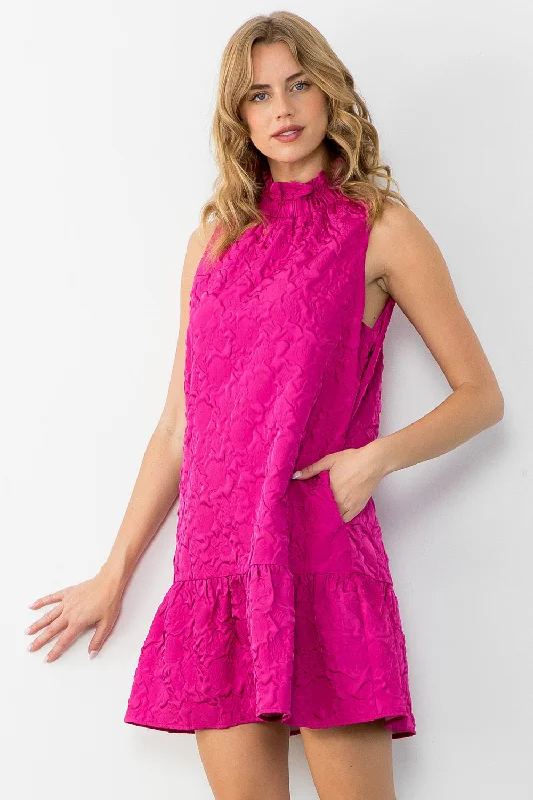 Magenta Ruffle Neck Drop Waist Dress