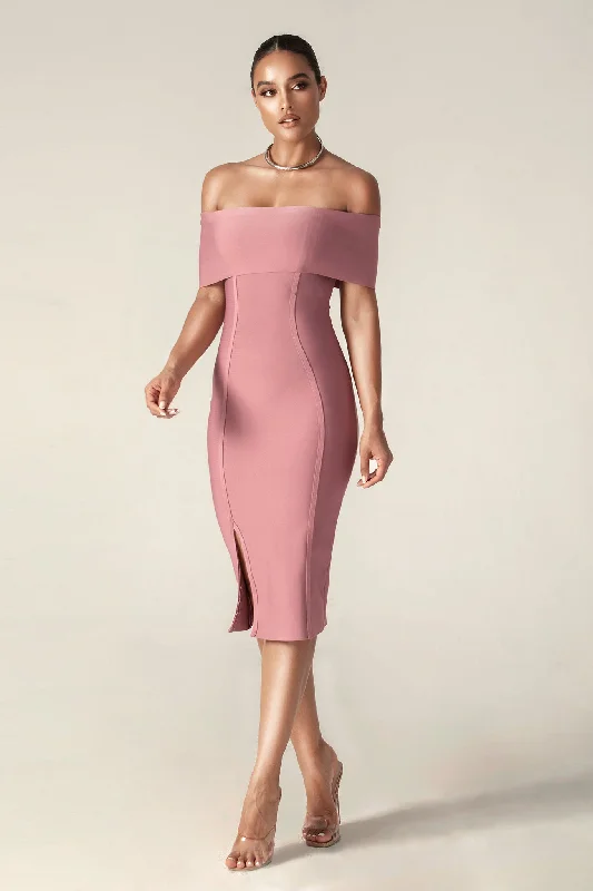 Miel Off Shoulder Bandage Dress (Thulian Pink)