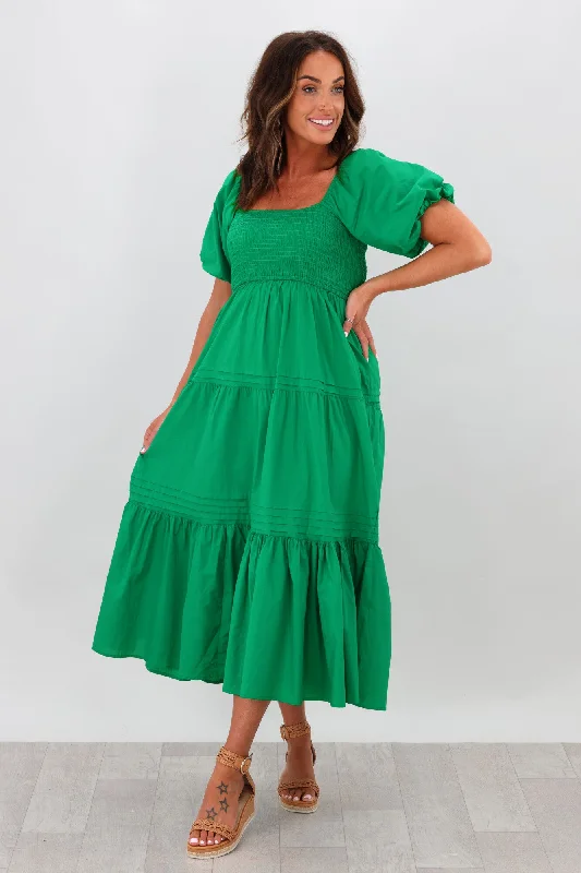 Natural Bay Shirred Bodice Cotton Dress Green