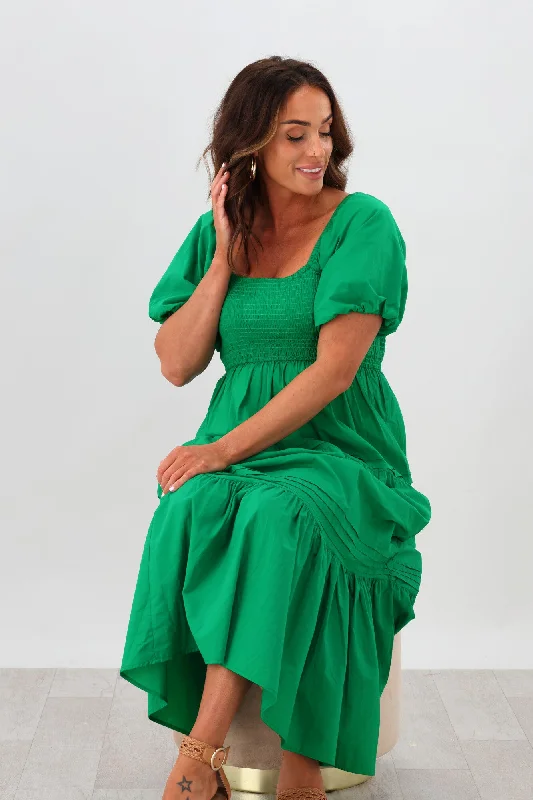 Natural Bay Shirred Bodice Cotton Dress Green