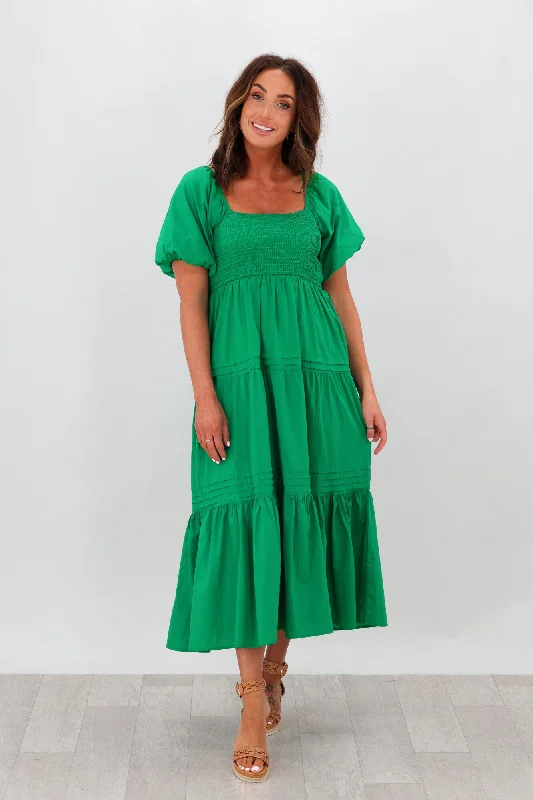 Natural Bay Shirred Bodice Cotton Dress Green