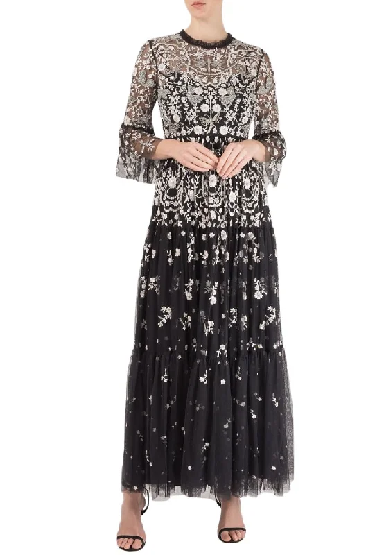 Black Dragonfly Garden 3/4 Sleeves Embellished Tulle Gown