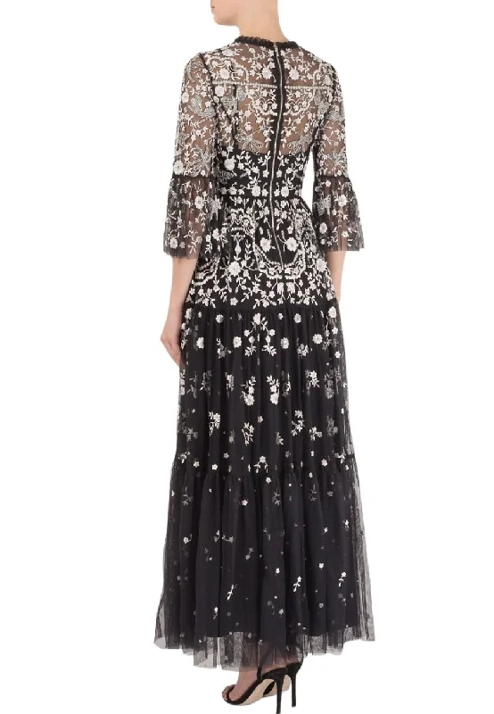 Black Dragonfly Garden 3/4 Sleeves Embellished Tulle Gown