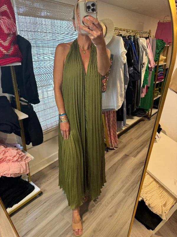 Olive Pleated Maxi Dress