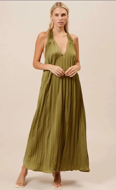 Olive Pleated Maxi Dress