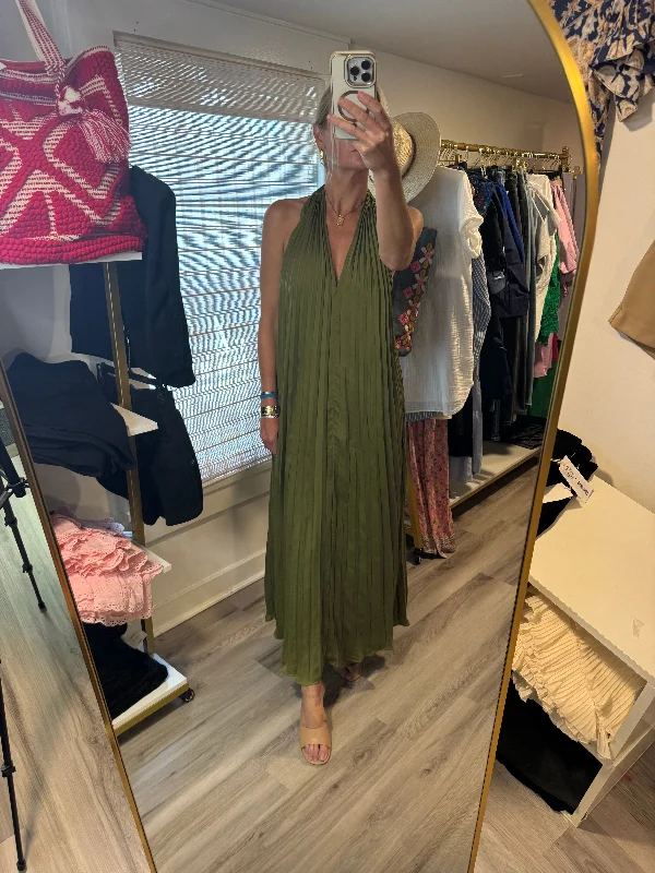 Olive Pleated Maxi Dress