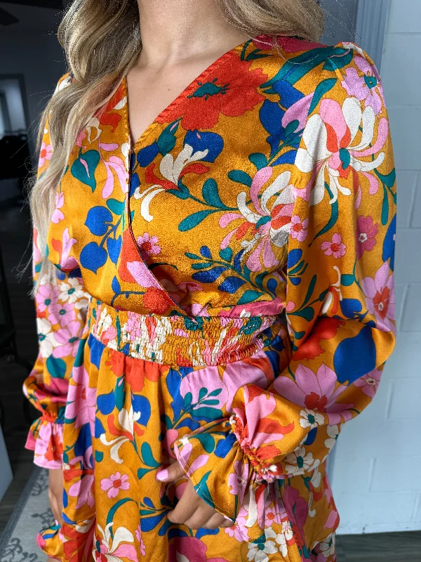 orange fun floral silk dress