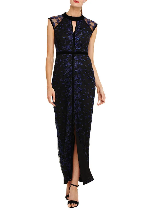 Black and Navy Elly Floral Embroidered Cap Sleeves Maxi Dress