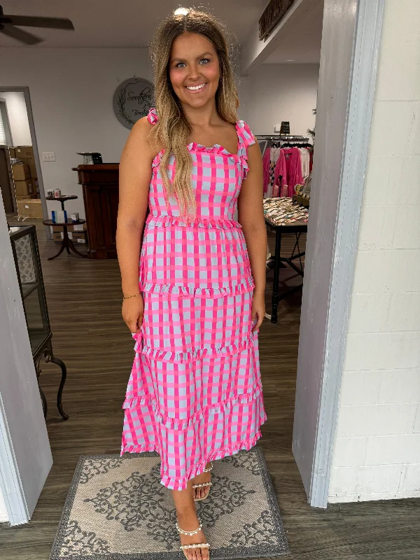 Pink & blue gingham maxi