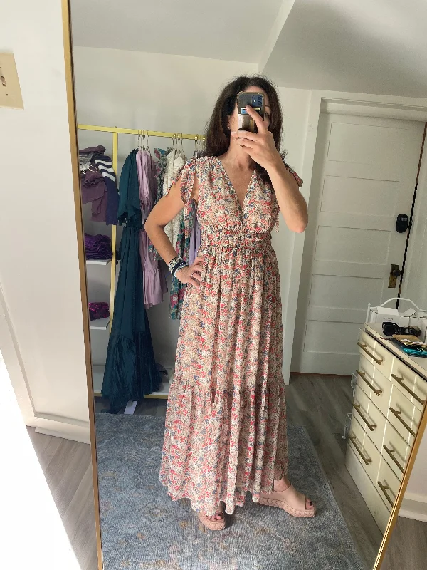 Pink Floral Cap Sleeve Maxi Dress