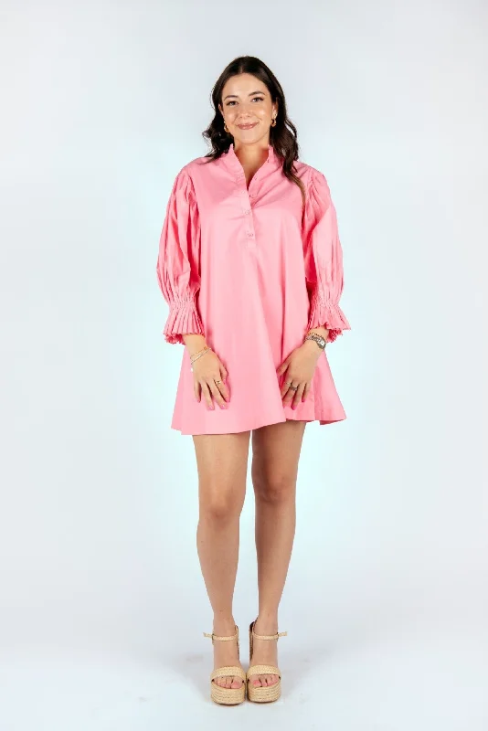 Pink Long Sleeve Poplin Dress with pleated sleeve detail