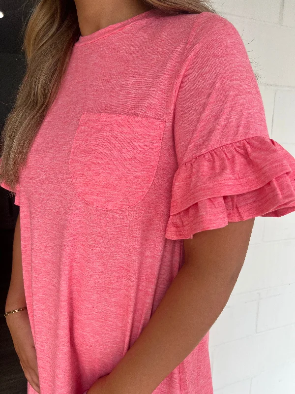 Pink ruffle sleeve tshirt dress