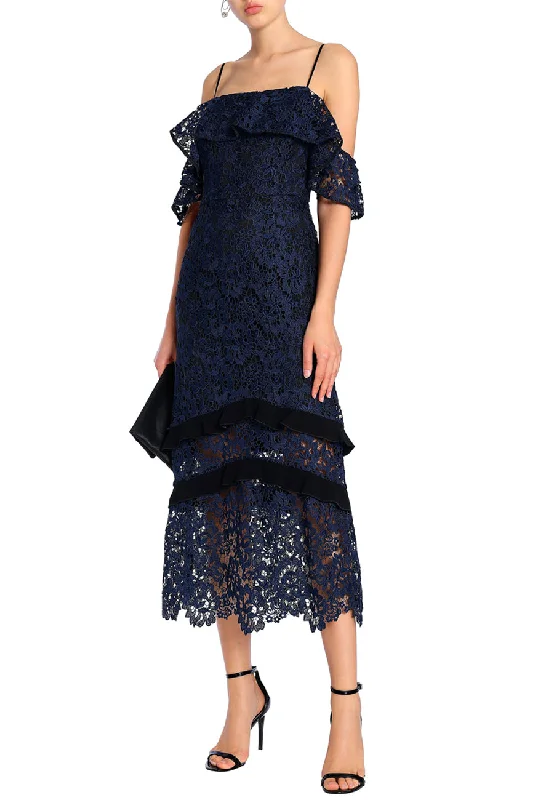 Dark Navy Poppy Off Shoulder Lace Dress