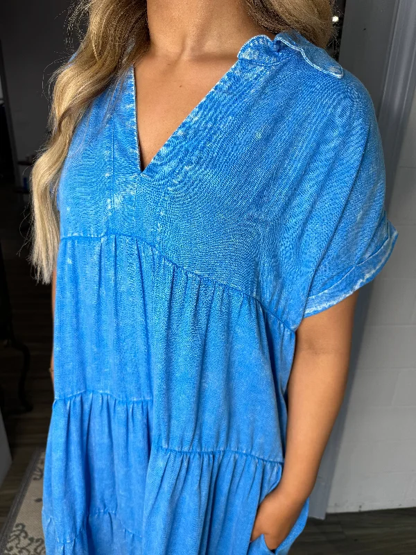 Sky blue mineral wash tiered dress