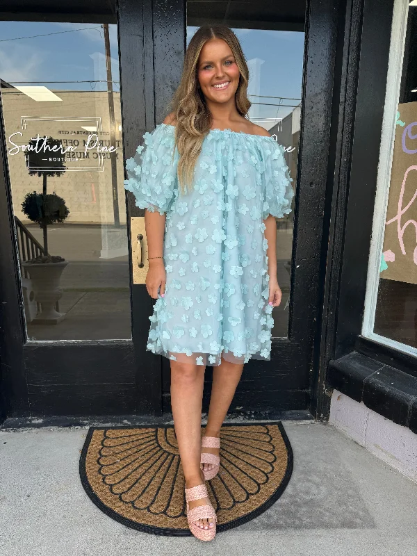 Teal blue 3D floral dress