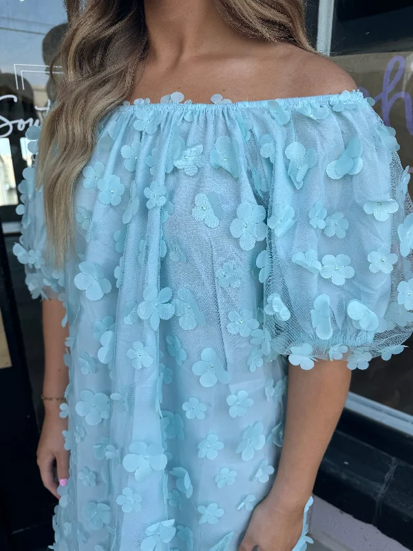 Teal blue 3D floral dress