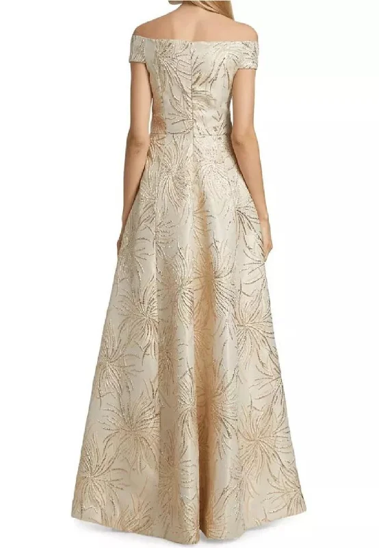 Champagne Gold Metallic Jacquard Off Shoulder Gown