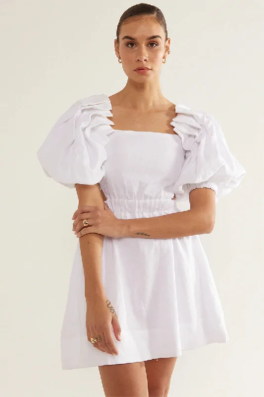 White Puff Sleeve Dress with Oversize Pleats