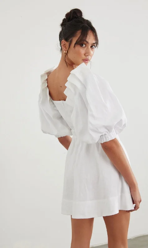 White Puff Sleeve Dress with Oversize Pleats