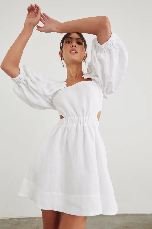 White Puff Sleeve Dress with Oversize Pleats